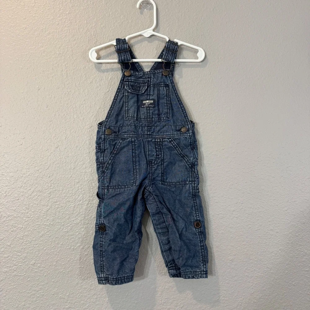 OshKosh B'gosh Kid's Size 12M Blue Fleece Lined Cotton Adjustable Denim Overalls